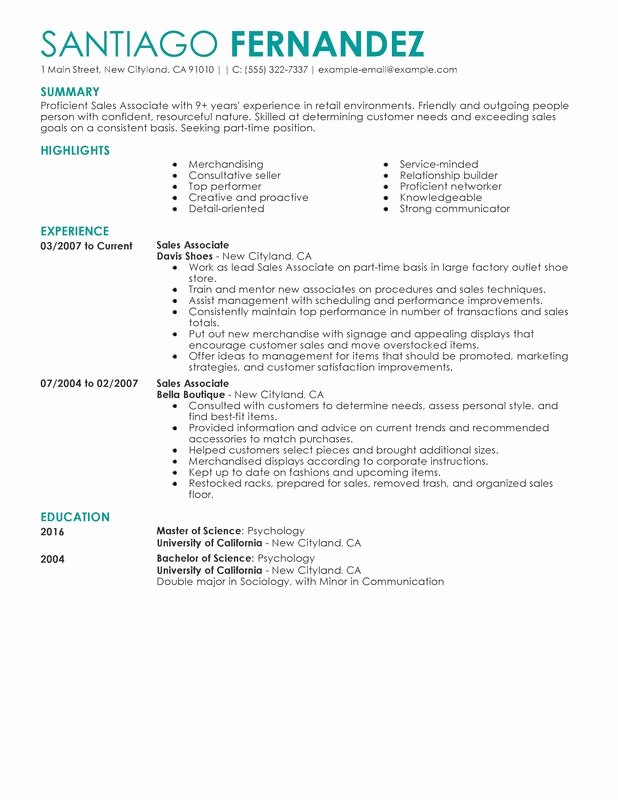 Unfor Table Part Time Sales associates Resume Examples