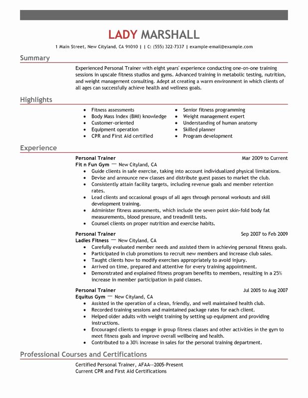 Unfor Table Personal Trainer Resume Examples to Stand