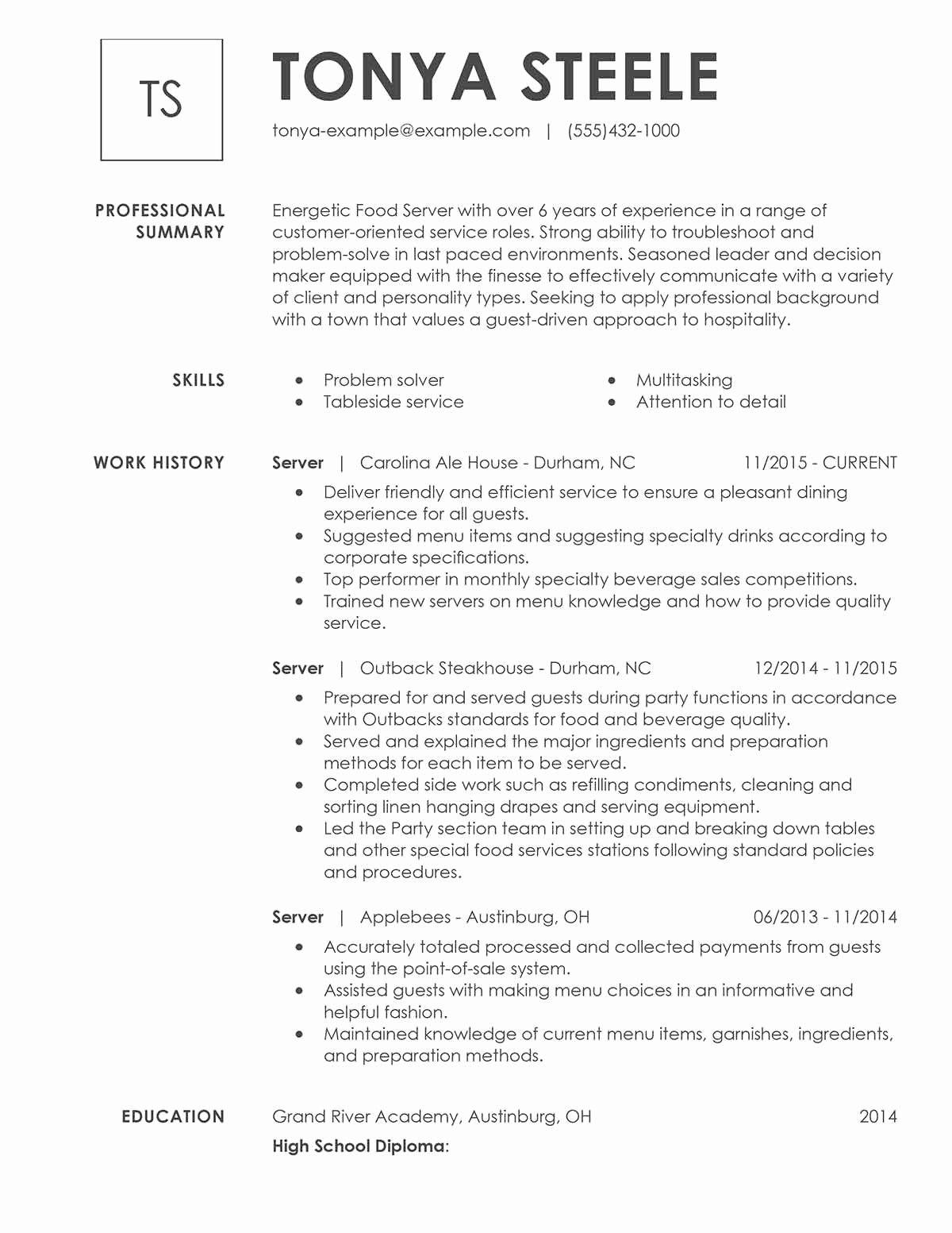 Unfor Table Restaurant Server Resume Examples to Stand