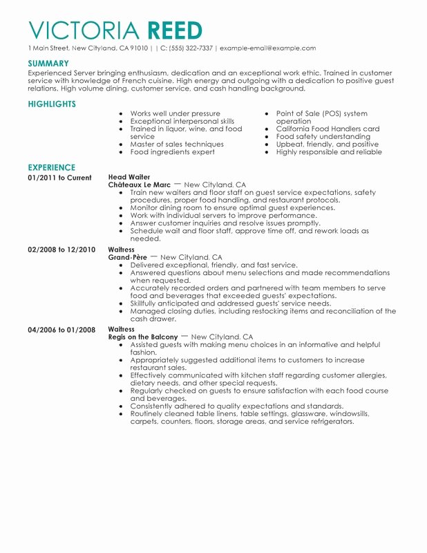Unfor Table Restaurant Server Resume Examples to Stand