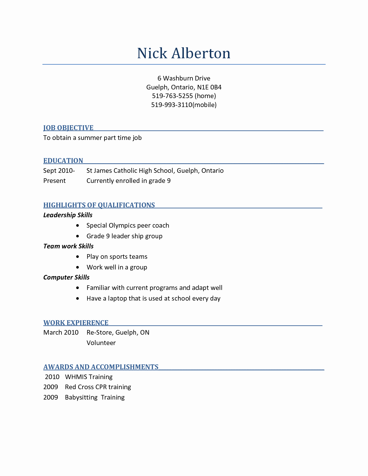 Useful Sample Resume for First Part Time Job