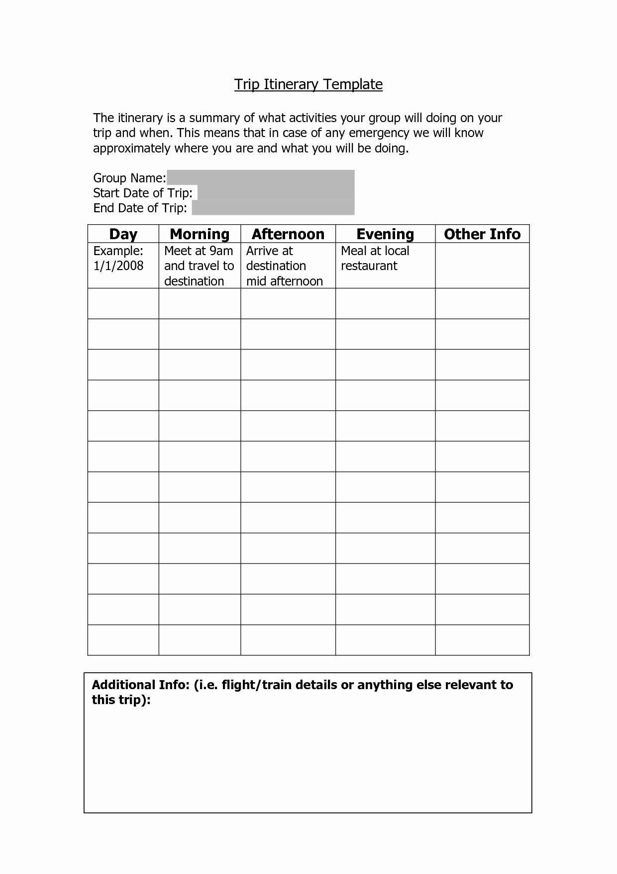 Vacation Itenerary Template Trip Itinerary Template