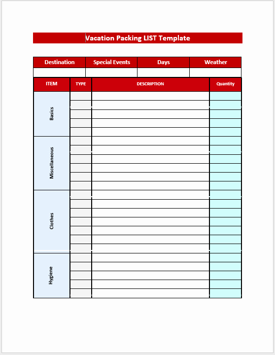 Vacation Packing List Template – Microsoft Word Templates
