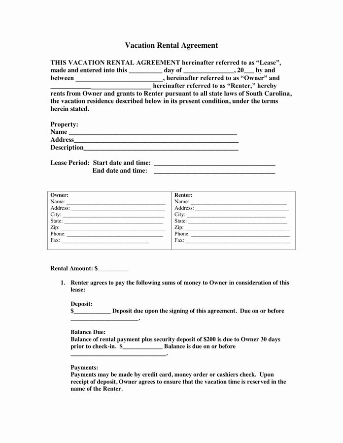 Vacation Rental Agreement In Word and Pdf formats