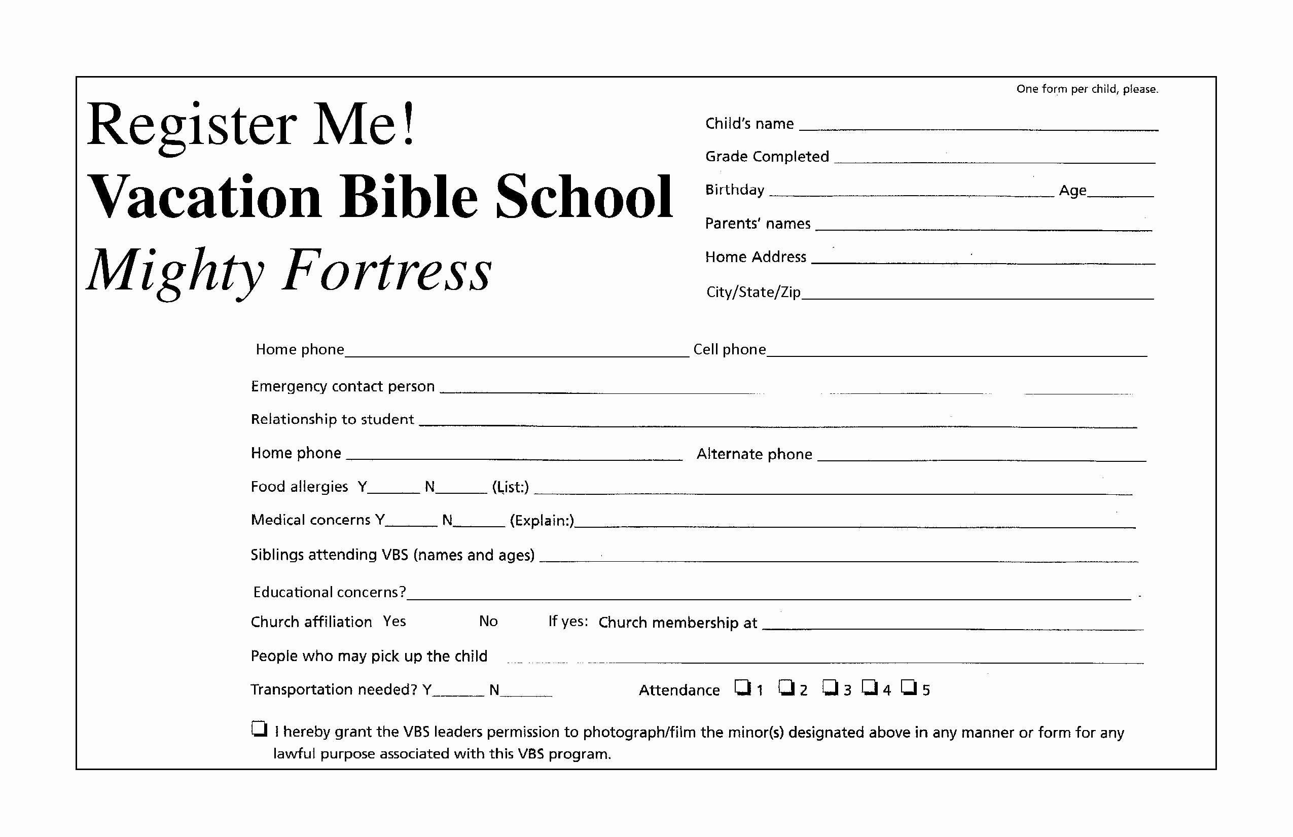 Vbs Registration form Mount Olive Lutheran Church