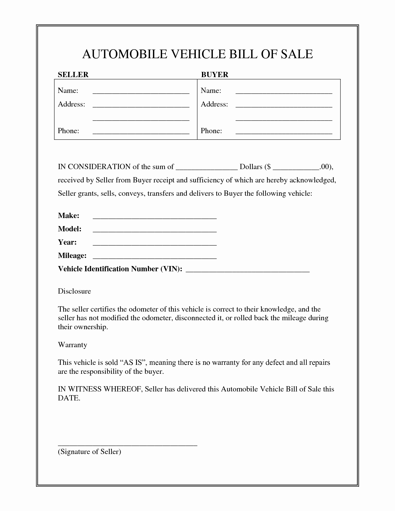 Vehicle Bill Sale Free Printable Documents