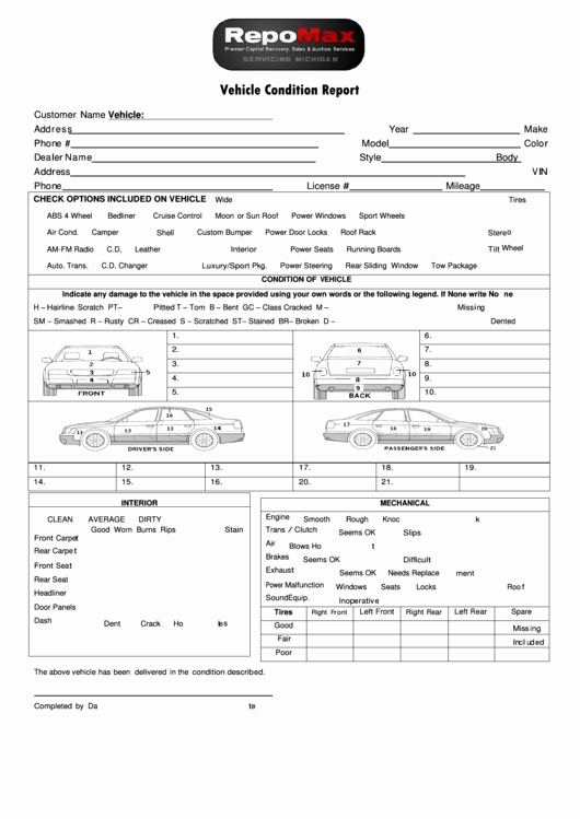 Vehicle Condition Report Template Printable Pdf