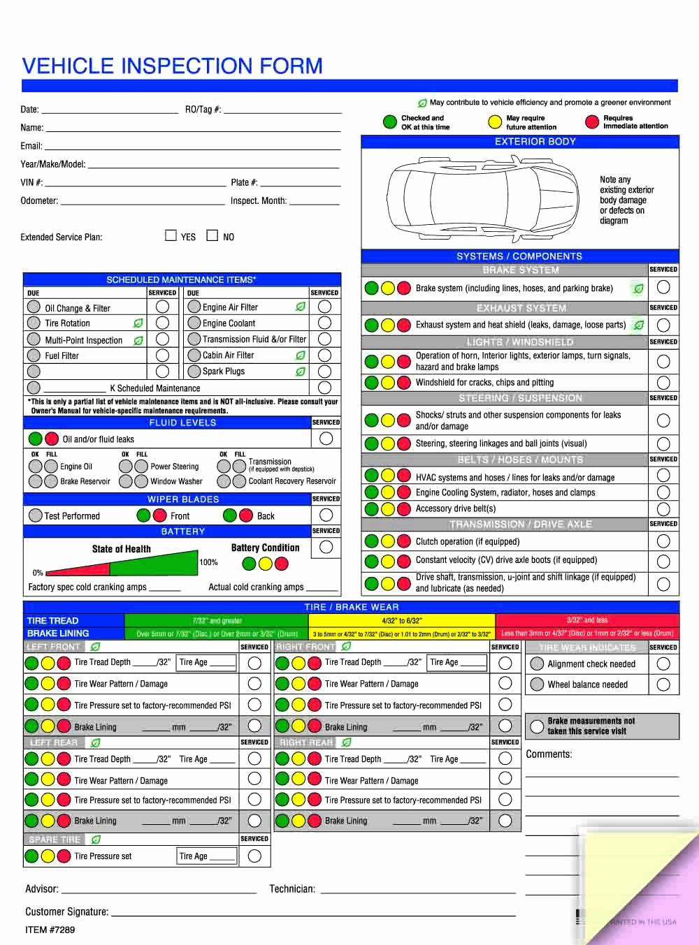Vehicle Maintenance Checklist form