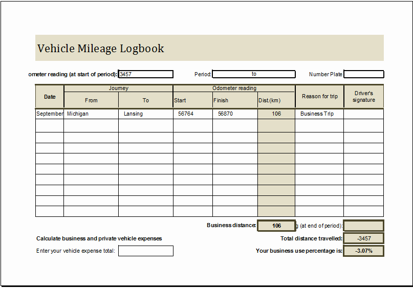 Vehicle Mileage Log Book Ms Excel Editable Template