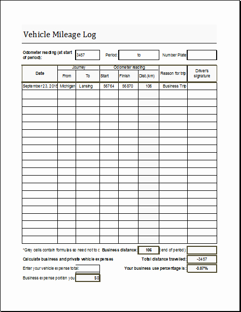 Vehicle Mileage Log Book Template for Excel