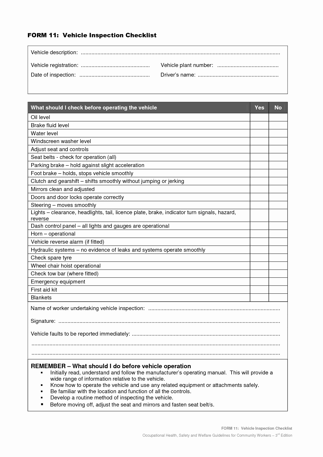 Vehicle Safety Inspection Checklist form
