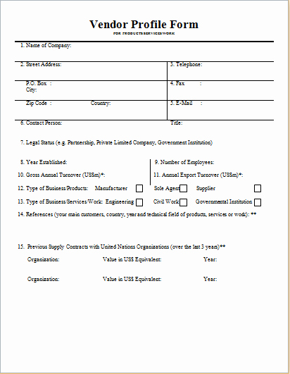 Vendor Profile form Template for Word