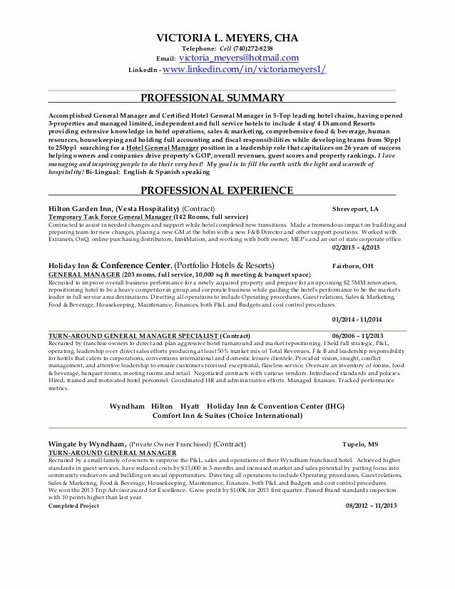 Victoria Meyers Hotel General Manager Resume