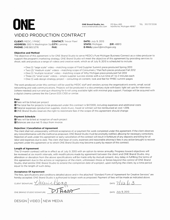 Video Production Contract 6 Printable Contract Samples