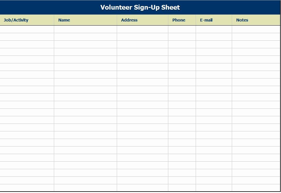 Volunteer Sign Up Sheet