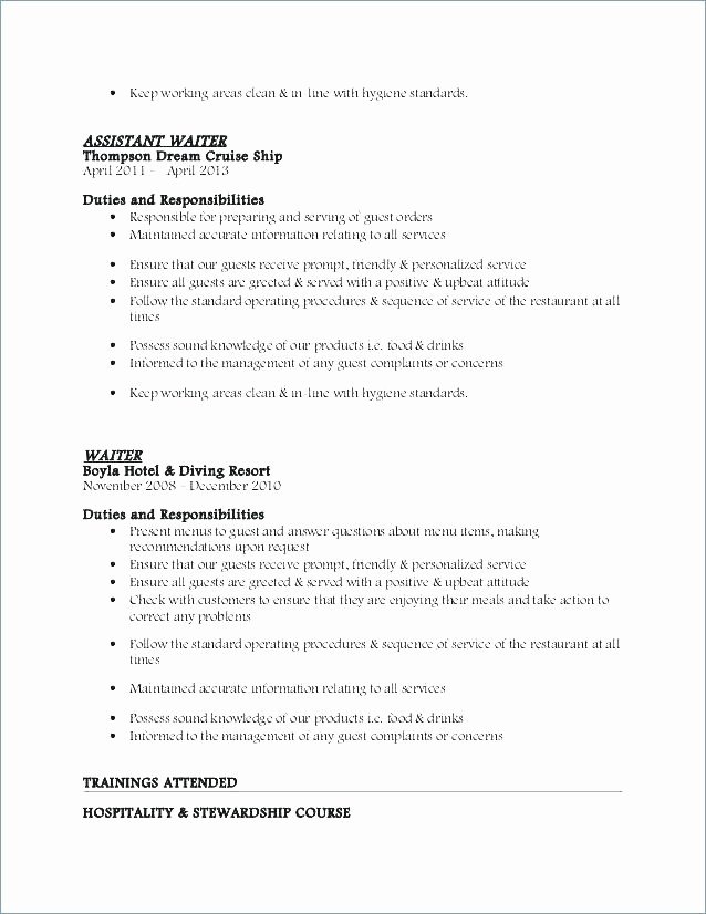 Waiter Job Description for Resume Elegant Example Resume