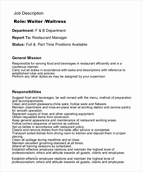 Waitress Job Description for Resume Best Resume Gallery