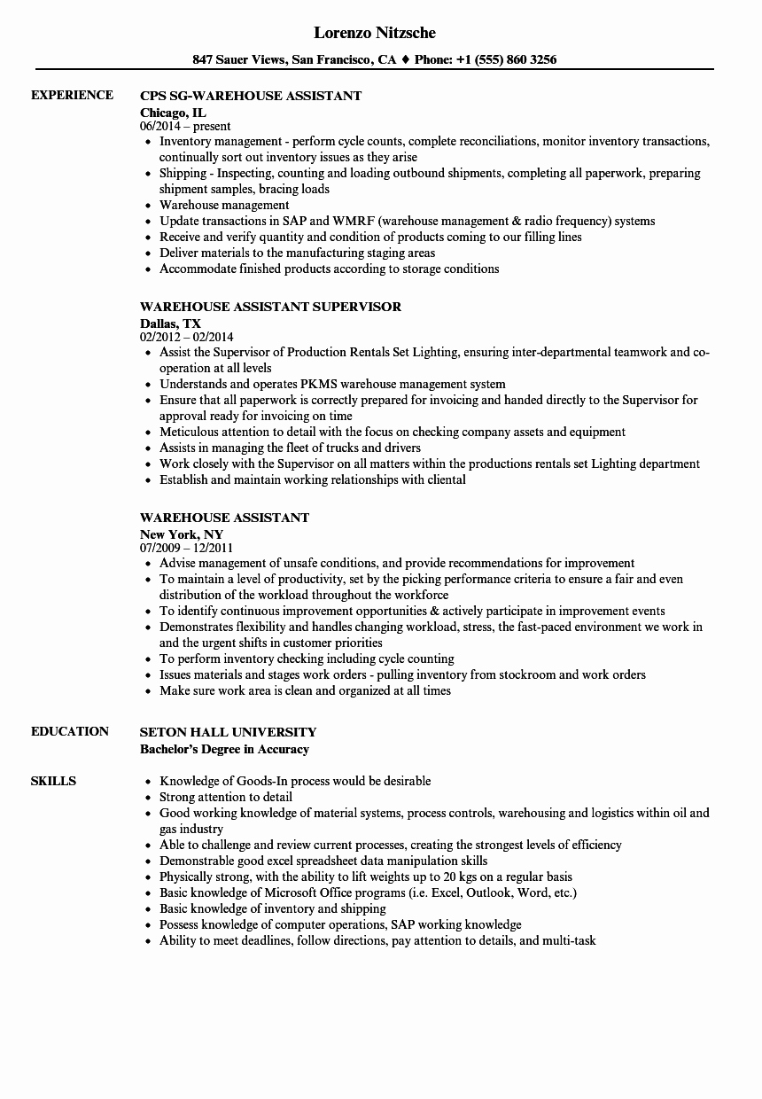 Warehouse assistant Resume Samples