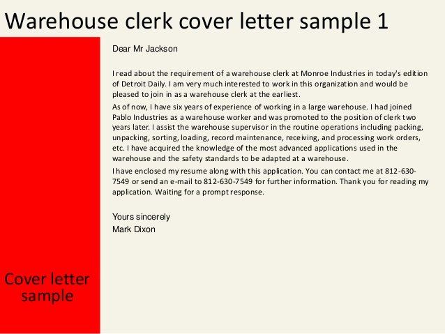 Warehouse Clerk Cover Letter