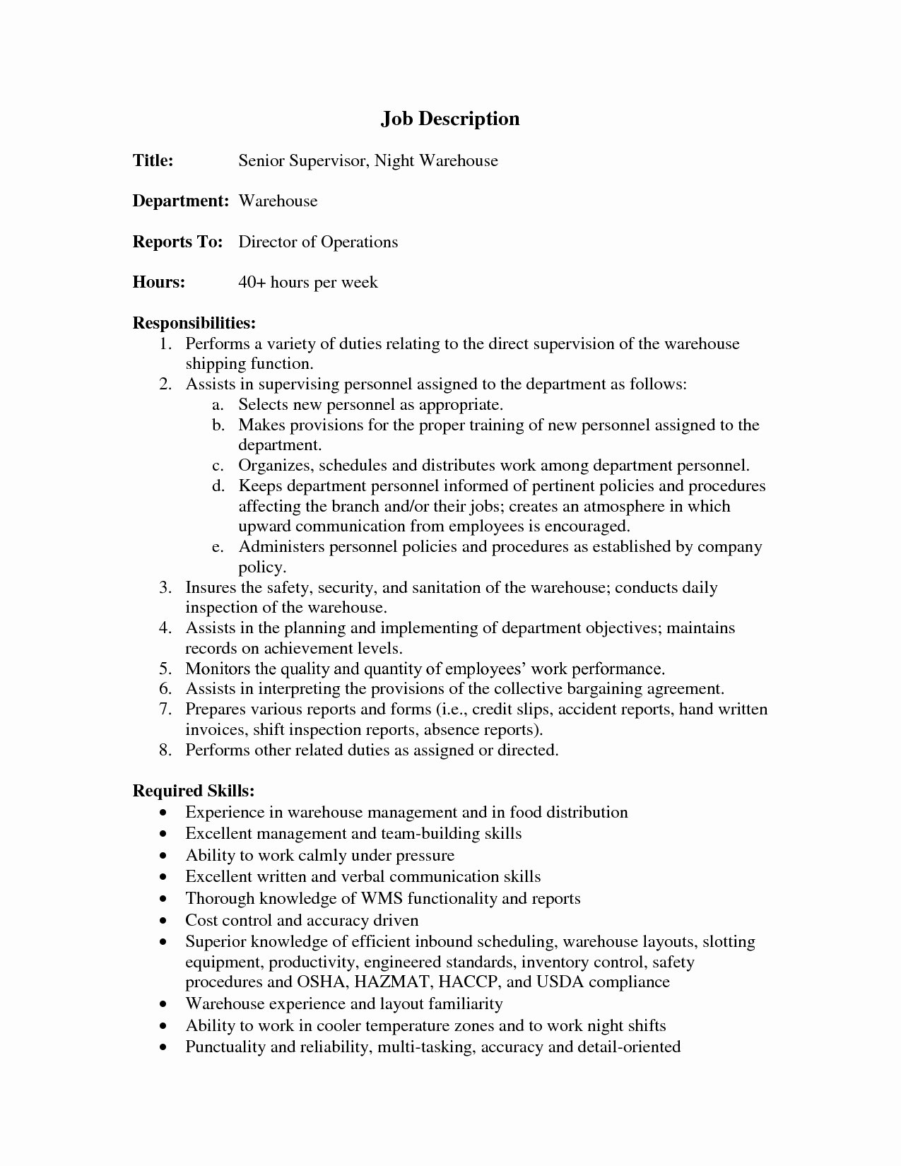 Warehouse Job Description for Resume Resume Ideas