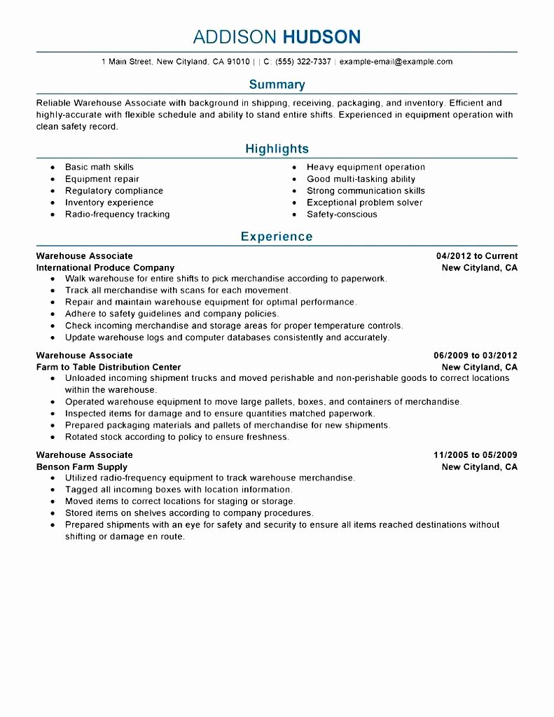 Warehouse Resume No Experience Free Samples Examples