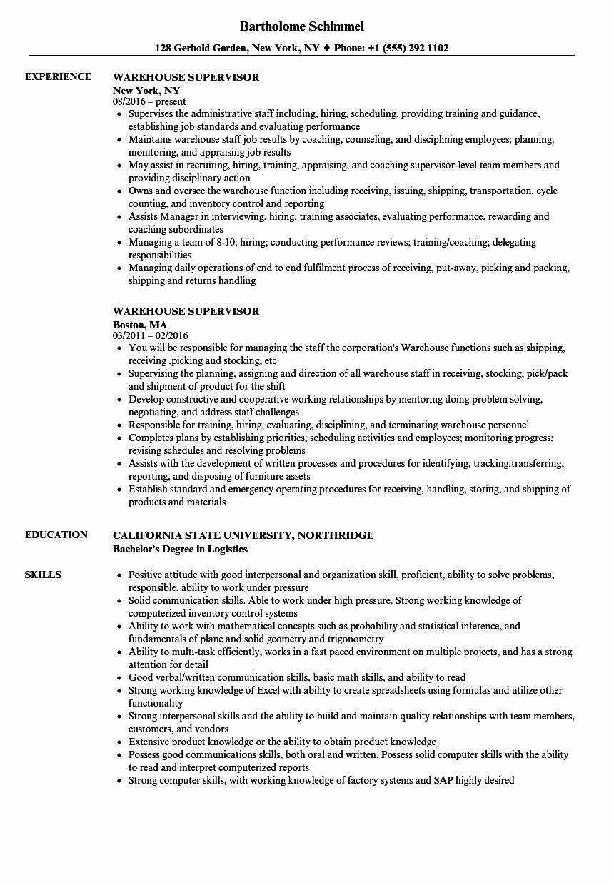 Warehouse Supervisor Resume Sample | Letter Example Template