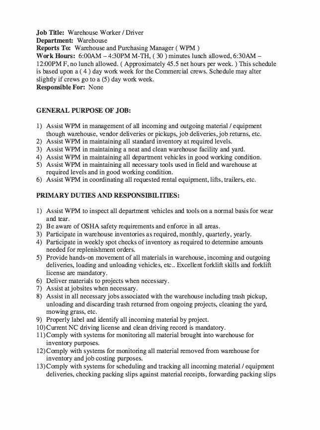 Warehouse Worker Job Description Resume