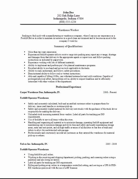 Warehouse Worker Resume Occupational Examples Samples