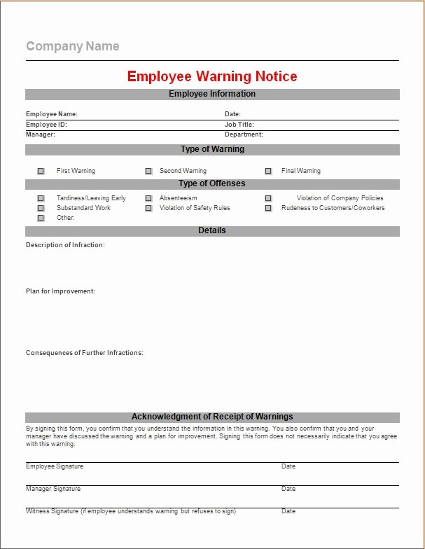 Warning Notice to Employee Template