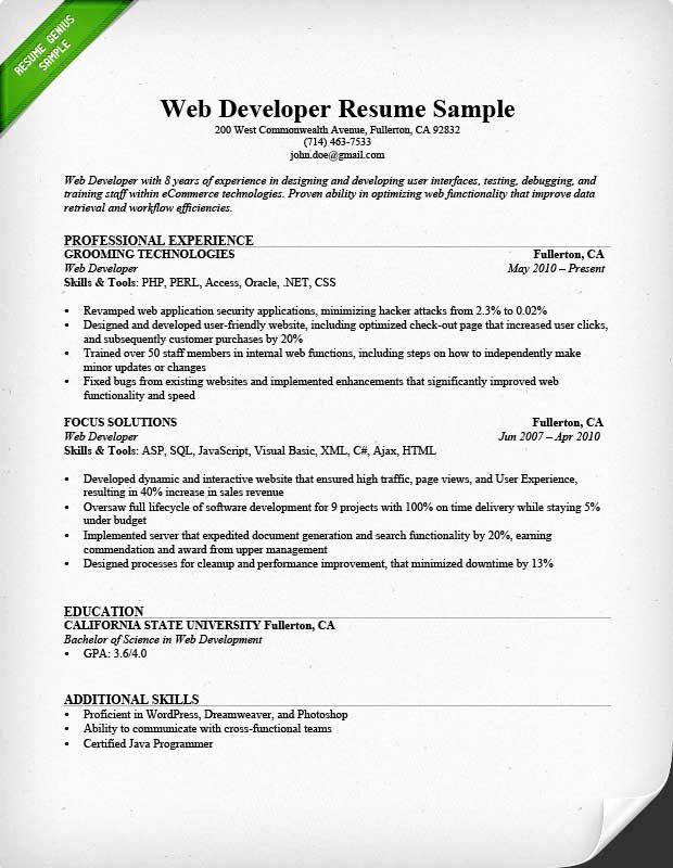 Web Developer Resume Sample &amp; Writing Tips