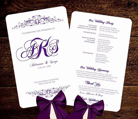 Wedding Fan Program Template Purple Monogram Printable
