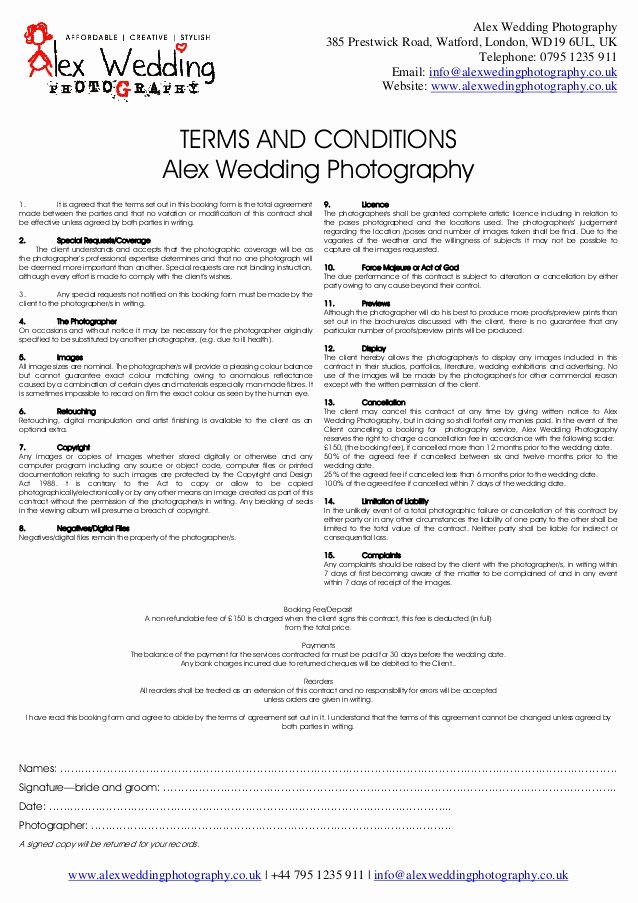 Wedding Graphy Booking form and Contract 2014