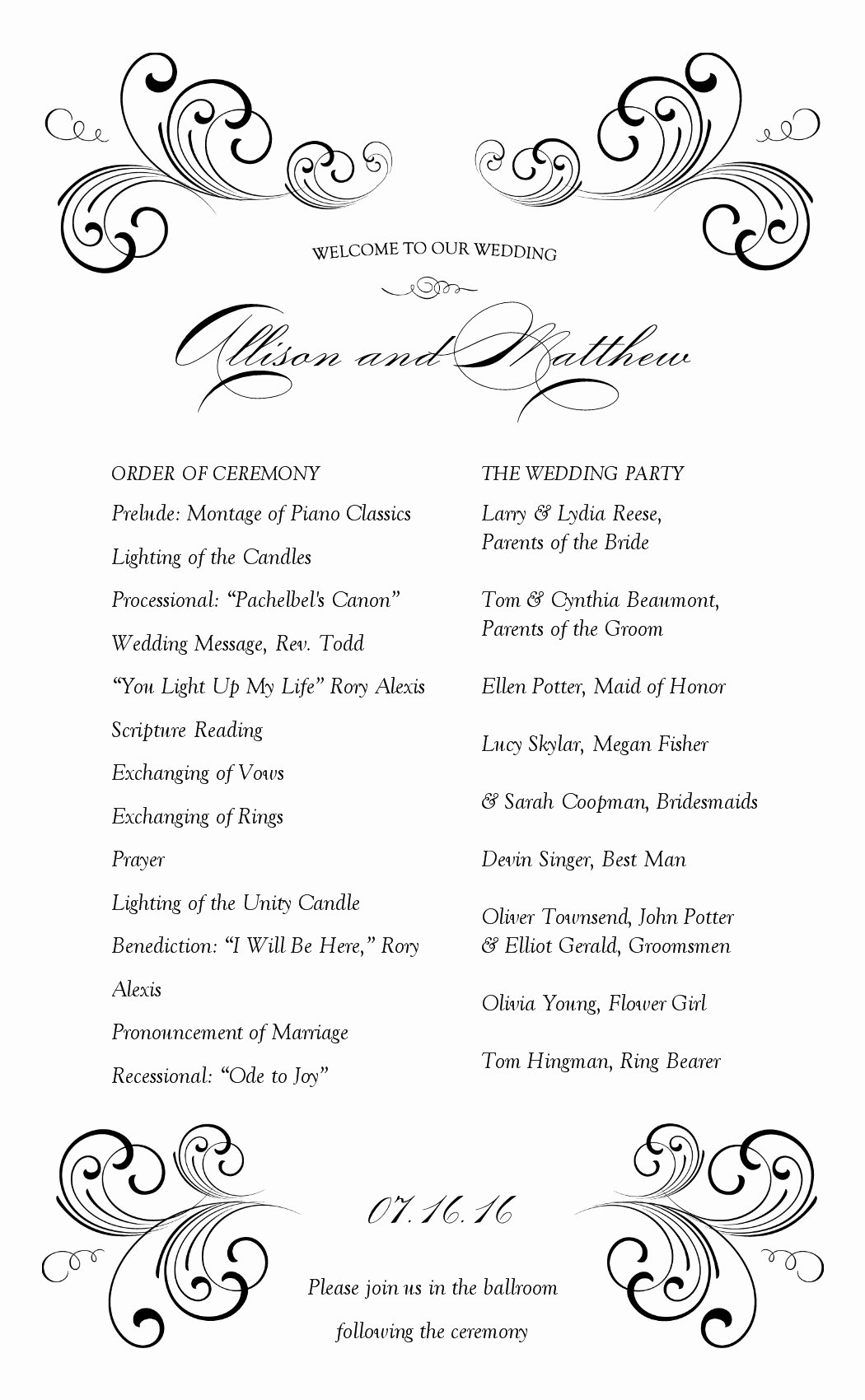 wedding reception program template