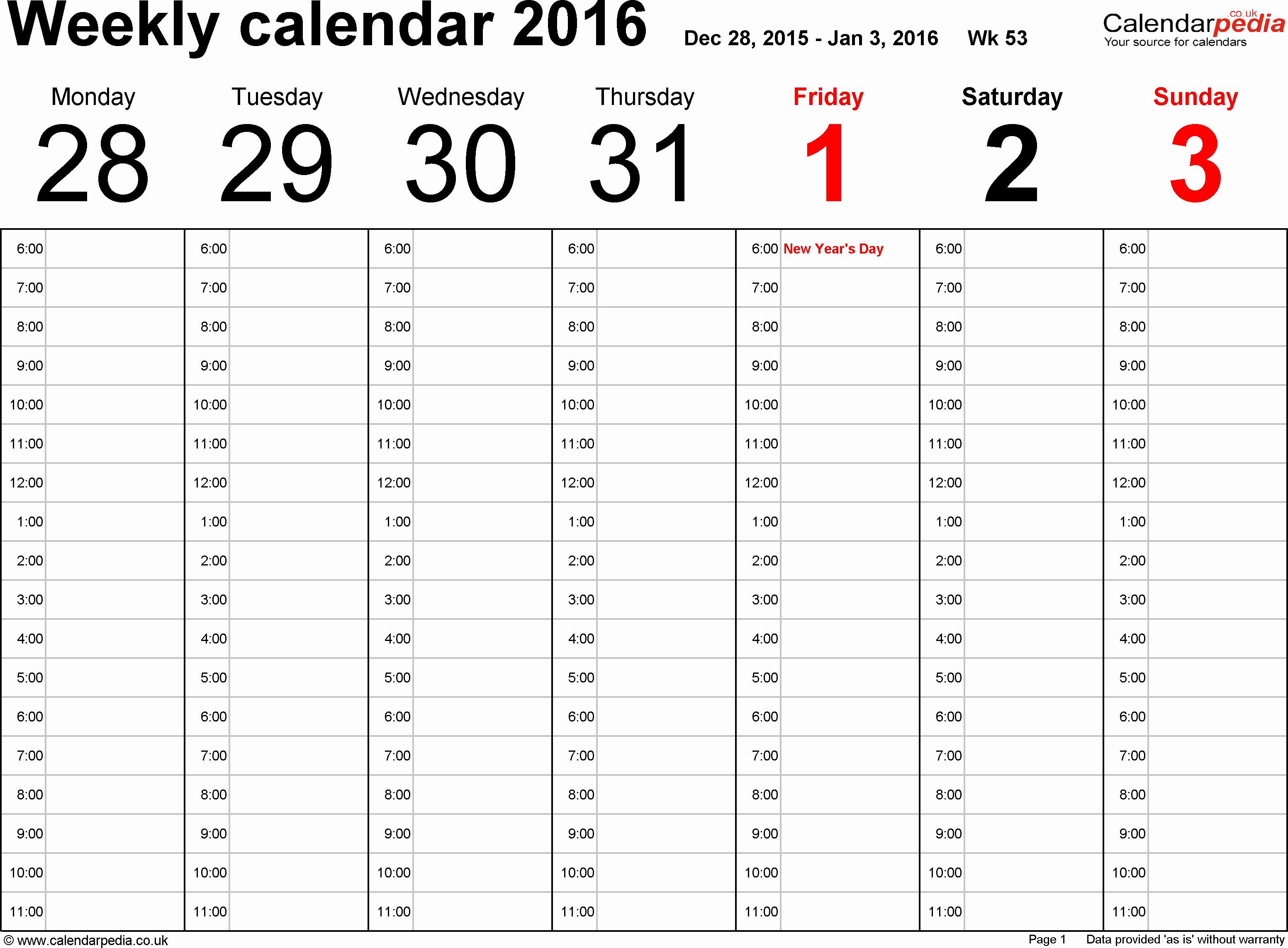 weekly calendar 2016 excel templates