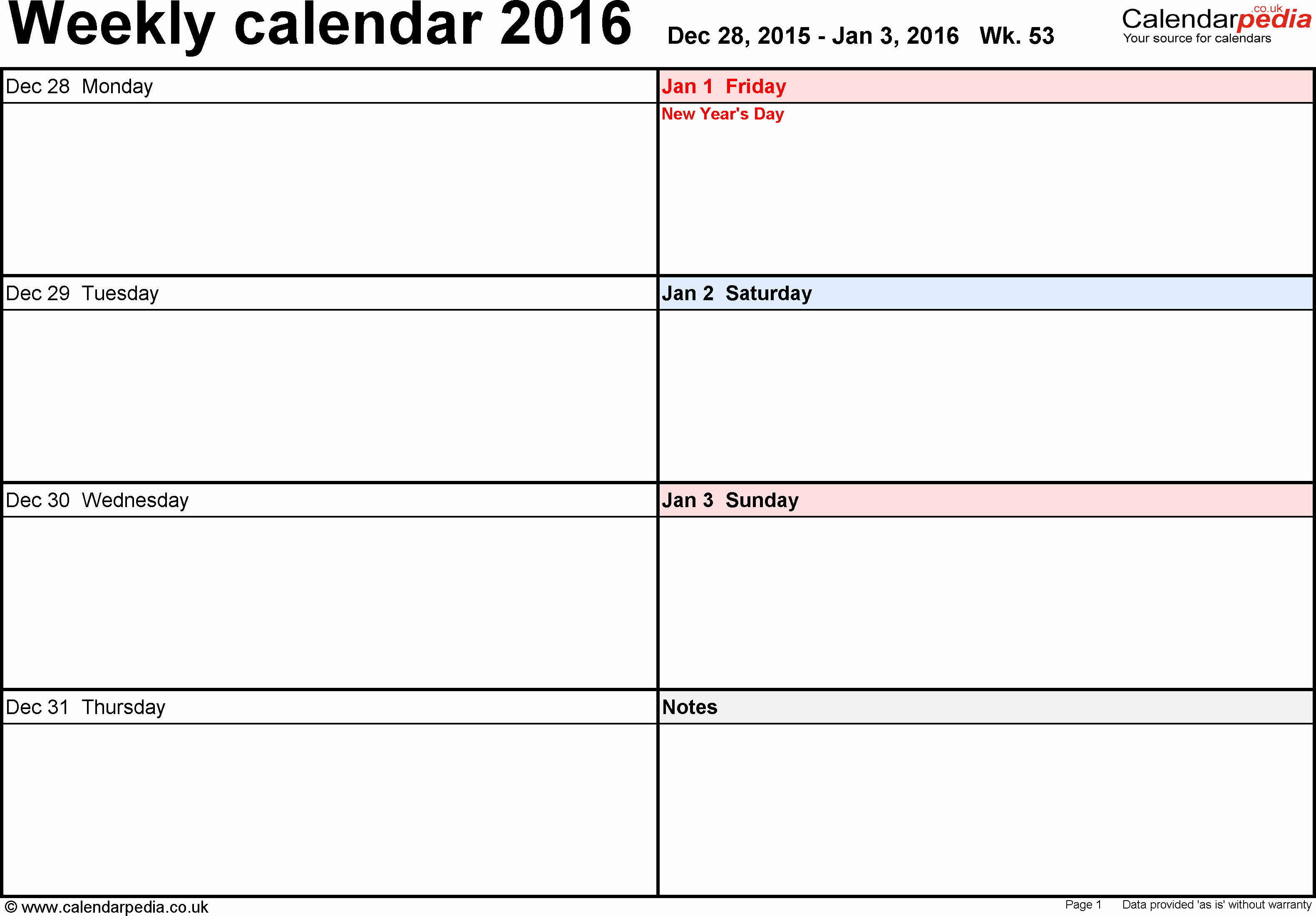 Weekly Calendar 2016 Uk Free Printable Templates for Excel