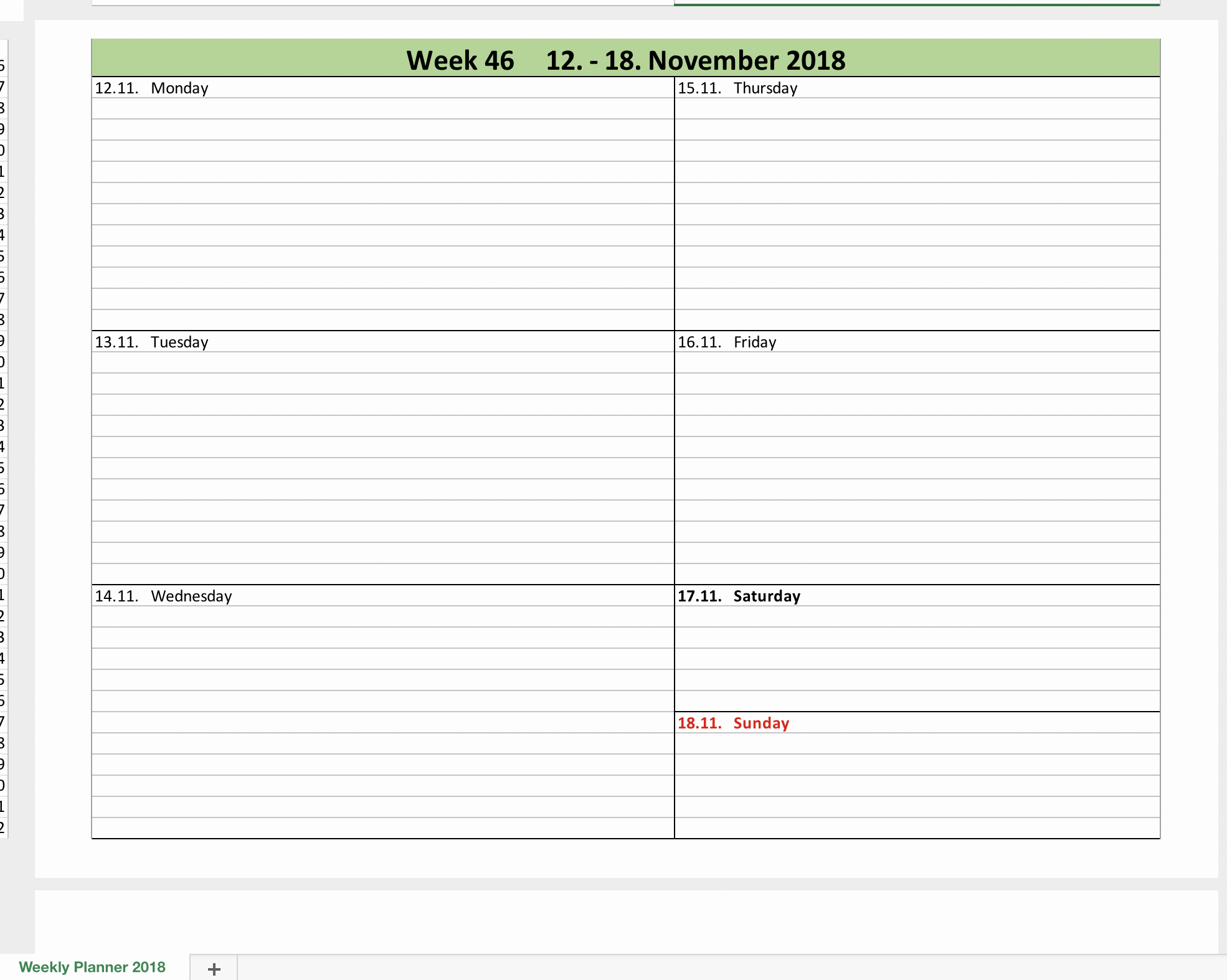 Weekly Calendar 2018 with Excel