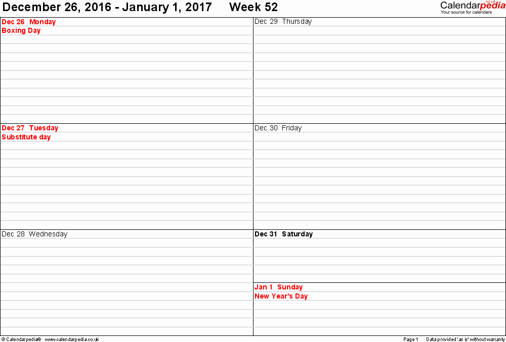 Weekly Calendar Template 2017