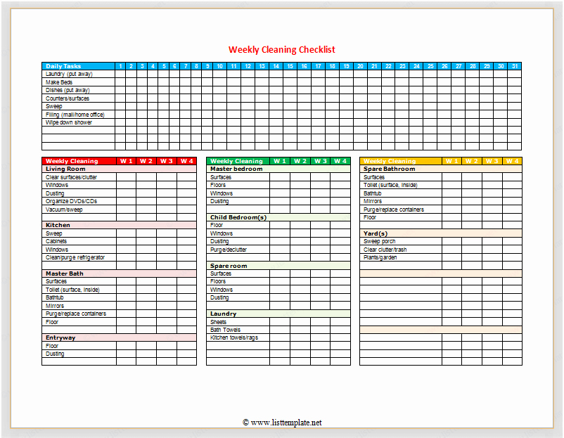 weekly cleaning checklist for word