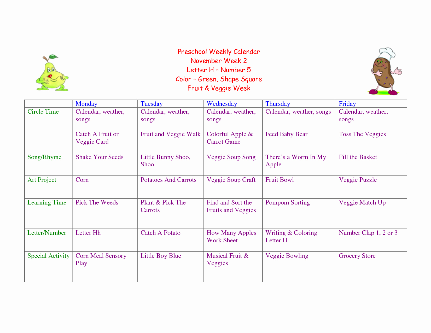 Weekly Lesson Plan for toddlers
