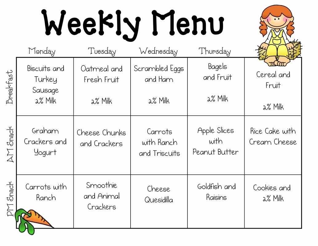 Weekly Menu Template for Daycare