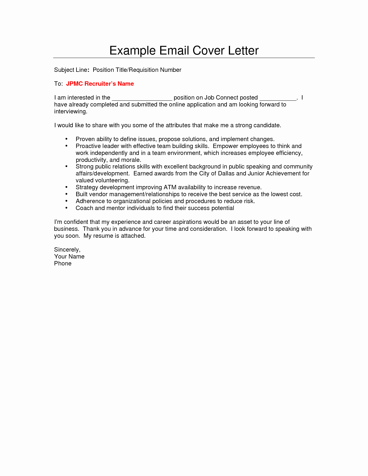 What is the format for An Email Cover Letter