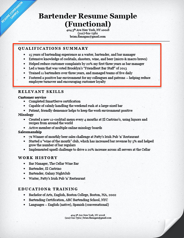 What to Put Skills Section Resume Bartender Resume