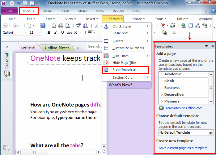 Where is Templates In Microsoft Enote 2010 2013 and 2016