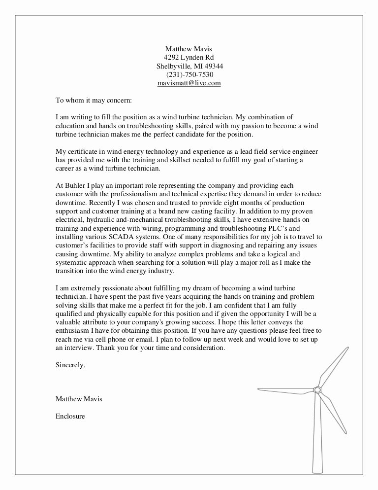 Wind Technician Cover Letter