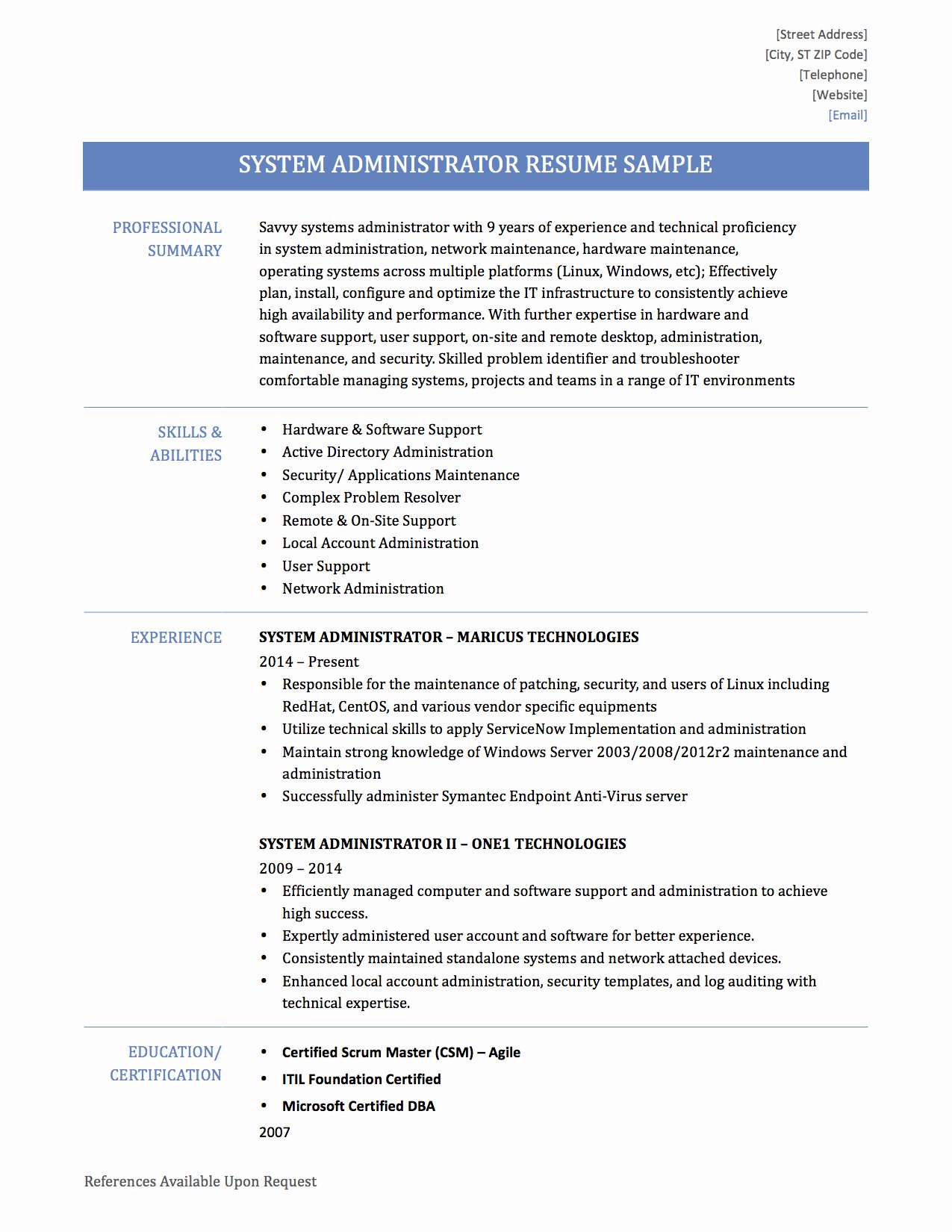 Windows System Administrator Resume Active Directory