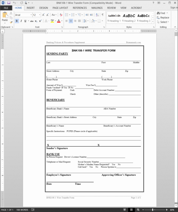 Wire Transfer form Template