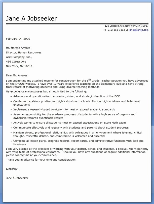 wonderfull teacher cover letter examples