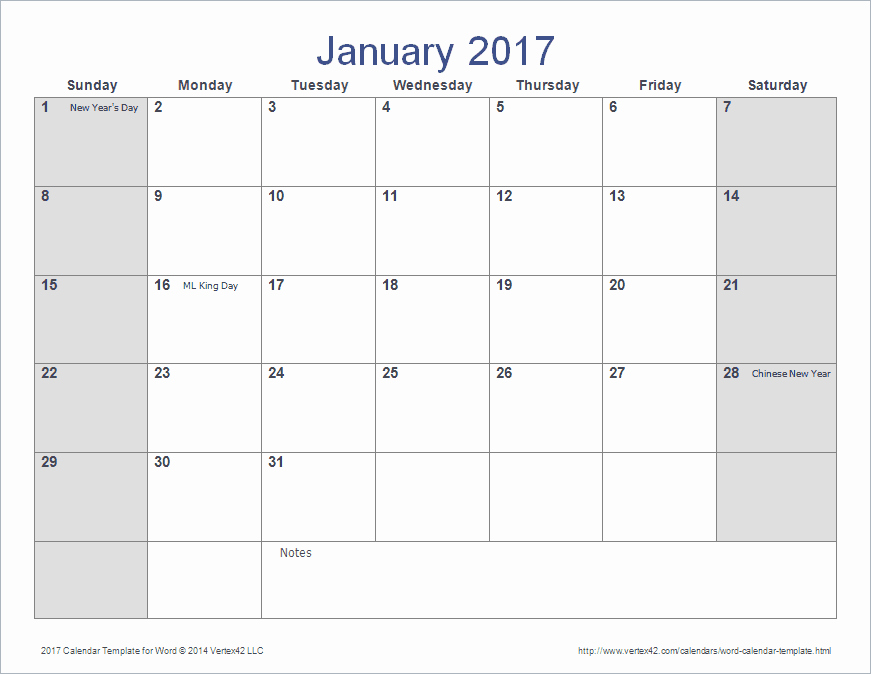 Word Calendar Template for 2016 2017 and Beyond