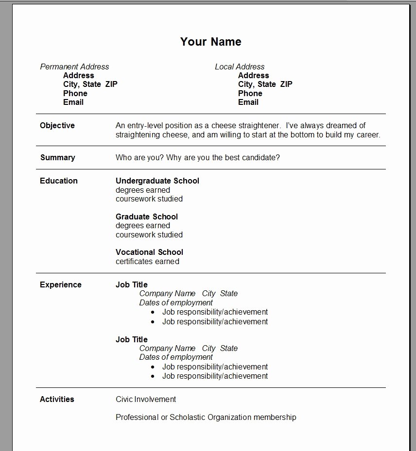 Word Document Resume Template