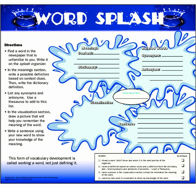 Word Splash Graphic organizer for 3rd 8th Grade